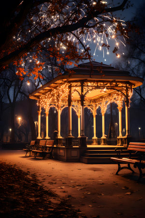 Gazebo in the park at night with lights and treesの素材