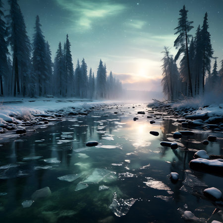 Frozen river in winter forest at sunset. Color toning applied.の素材