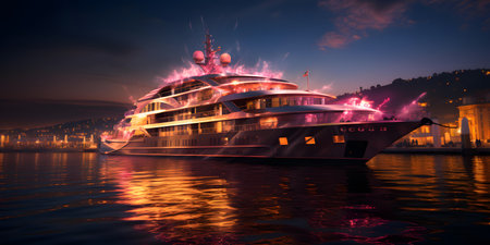 Cruise ship in the harbor of Trieste at night, Italyの素材