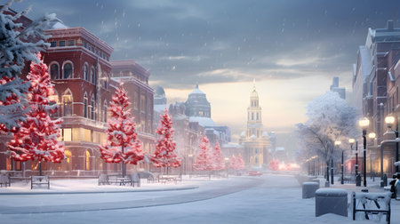 Winter cityscape. Christmas and New Year holidays concept. Panoramic bannersの素材