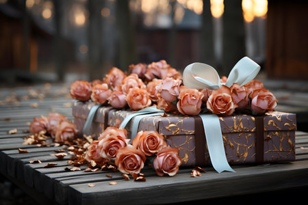 Gift boxes with roses on a wooden bench in the evening.の素材