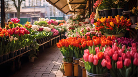 Colorful tulips in pots at flower market in Amsterdam, Netherlandsの素材