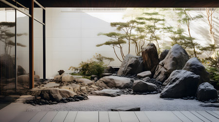 3d rendering of a modern garden with stone and glass wall.の素材