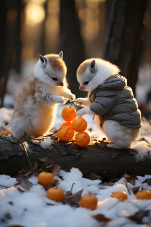Cute little foxes in the winter forest. Pet animals.の素材