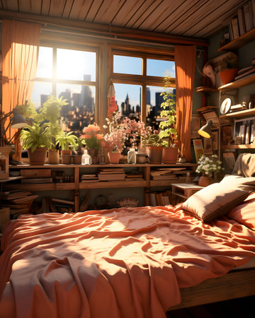 Interior of a cozy bedroom with a window overlooking the city.の素材
