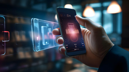 Businesswoman using mobile phone with hologram screen. 3D renderingの素材