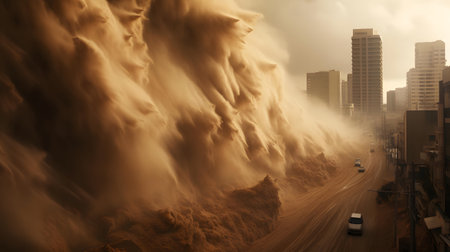 3D illustration of a stormy road in the city with heavy smokeの素材
