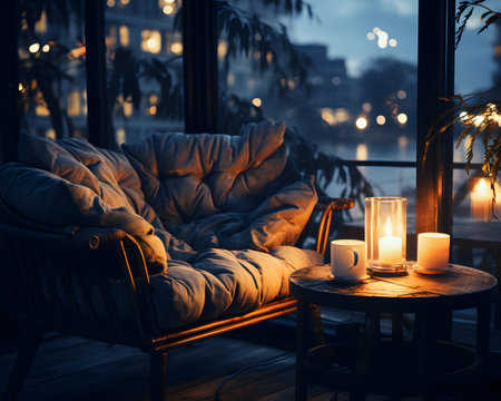 Romantic evening by the window in a cozy house. Vintage style.の素材