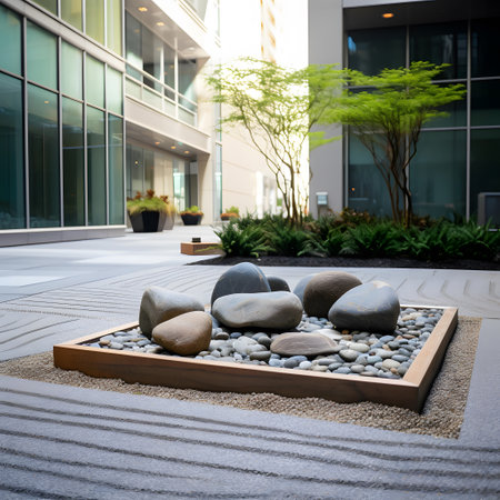 Stones on the floor in the courtyard of a modern office buildingの素材