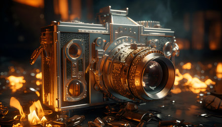 Old camera on the background of a burning fire in the dark.の素材