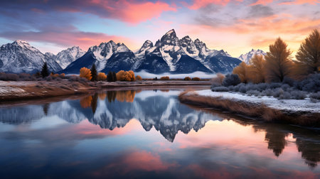 Fantastic winter landscape with snow covered mountains and reflection in lake.の素材
