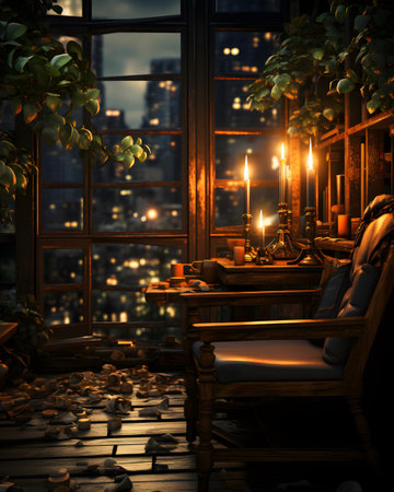 Vintage interior with a view of the city. 3d renderingの素材