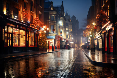 London street at night with Christmas tree and lights, England, UKの素材
