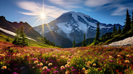 Mount Rainier National Park, Washington, USA. Panoramic view of the alpine meadow with wildflowers.の素材