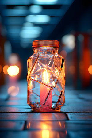 Candle in a glass jar on the background of the night cityの素材