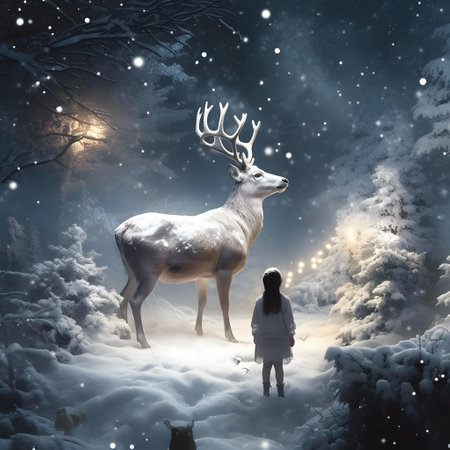 Girl and deer in winter forest. Christmas and New Year concept.の素材