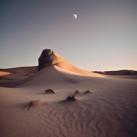 Sand dunes and moon in the Sahara desert, Morocco, Africaの素材