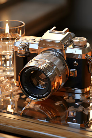 Vintage camera and candlestick on table, close-upの素材