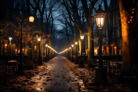 Winter alley in the old town at night with lanterns and treesの素材