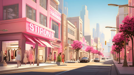 City street with shops and people. 3D rendering. Illustration.の素材