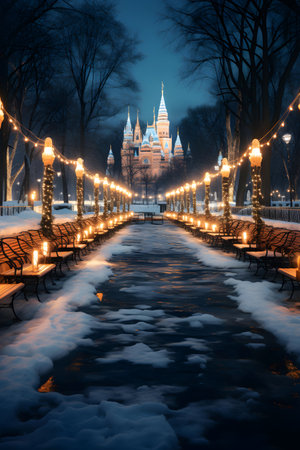 Winter night in the city park. Winter landscape with a lanternsの素材