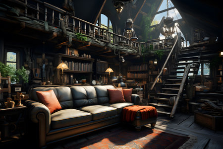 Interior of a cozy living room with a sofa and a wooden staircaseの素材