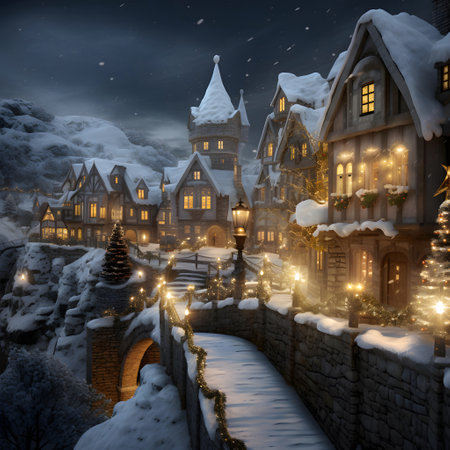 Fairy-tale town at night in winter. Christmas background.の素材