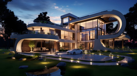 3d rendering of modern cozy house with pool and parking for sale or rent in luxurious style.の素材