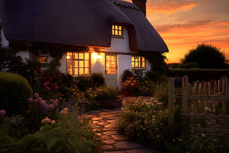 Beautiful cottage in the garden at sunset with a beautiful sky.の素材