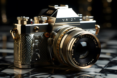 Vintage camera on the checkered background. 3d renderingの素材