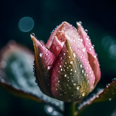 Water droplets on pink rose bud with bokeh background.の素材
