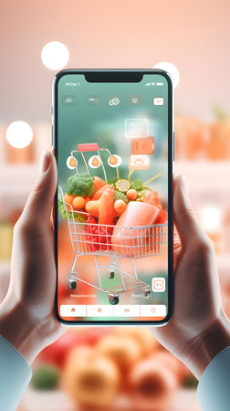Close-up of female hands holding smartphone with shopping cart and fresh vegetables. Online shopping conceptの素材