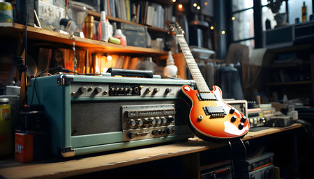 Electric guitar and amplifier on a shelf in a music studio. Musical instruments.の素材