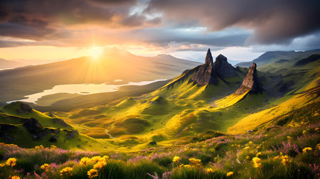 Colorful summer landscape in the mountains. Sunrise over the mountain range.の素材