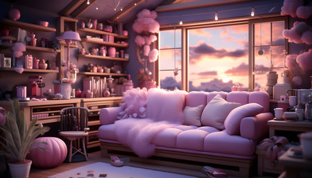 3D rendering of a children's room with a pink sofa and toysの素材