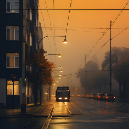 Morning fog on the streets of the city. Trolleybus on the street.の素材