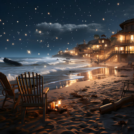 Night beach with wooden houses and deck chairs. 3D rendering.の素材