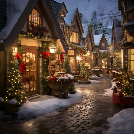 Street decorated for Christmas and New Year holidays in a small town.の素材