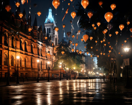 Old Town of Prague, Czech Republic, at night with balloons.の素材