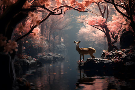 deer in the forest with a pond. 3d rendering.の素材