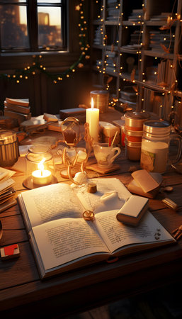 Composition with books and candles on table in room decorated for Christmasの素材