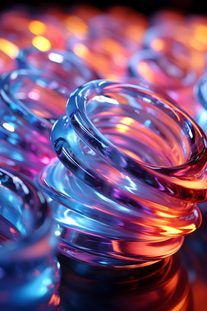 Close up of a group of colorful glass rings. Abstract background.の素材