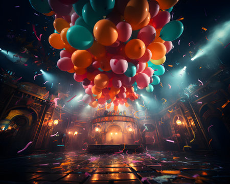 Night scene with many colorful balloons and confetti, 3d renderingの素材
