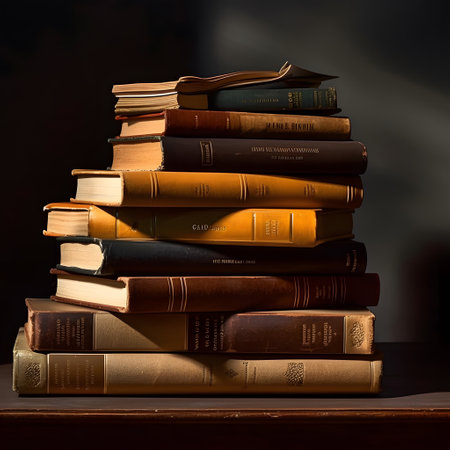 Stack of old books on a wooden shelf over dark background. Toned.の素材