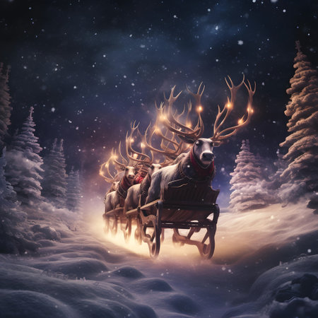 Santa Claus with reindeer sleigh in winter forest. 3D renderingの素材
