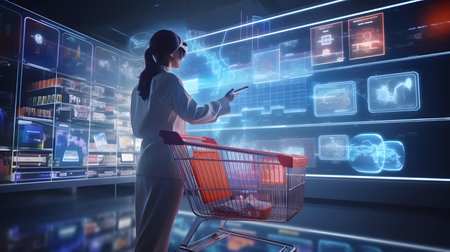 Digital composite of Businesswoman using mobile phone in a shopping trolleyの素材