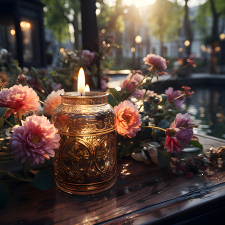 Burning candle on the background of flowers in a vase.の素材