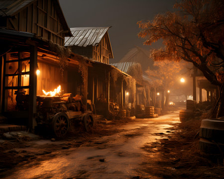 Abandoned ghost town at night in the winter. Halloween concept.の素材