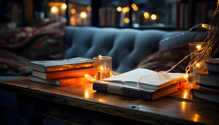 Books and candles on a wooden table in a cozy living room.の素材