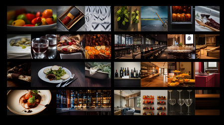 A collage of images of a restaurant interior with food and drinksの素材
